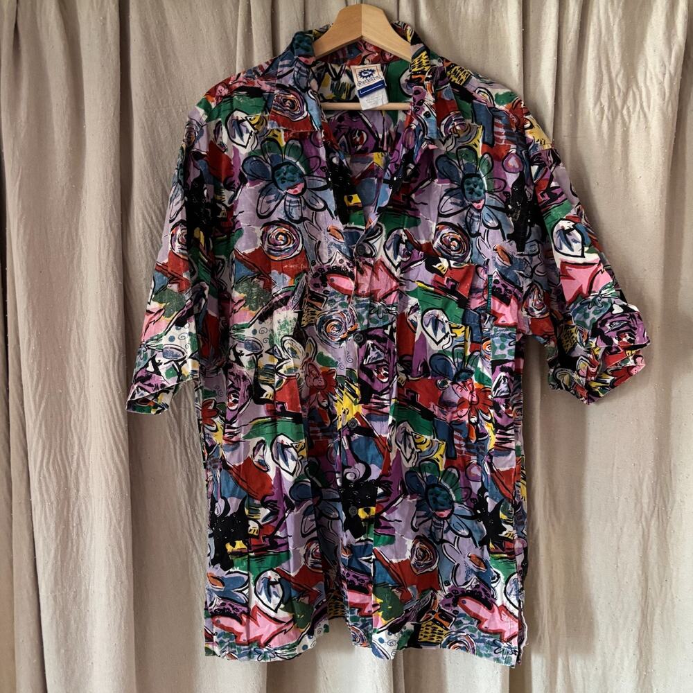 Vintage Gotcha Shirt‎ Men's L Abstract Floral Print Short Sleeve Button Up 90s